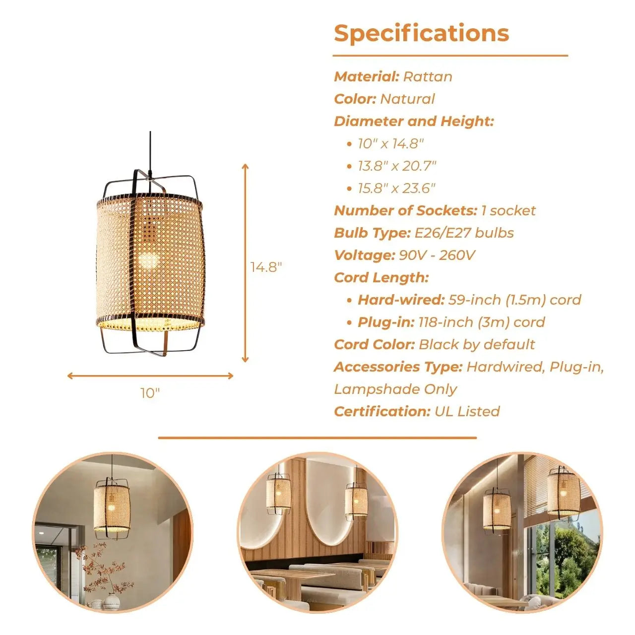 rattan cane pendant light's specifications
