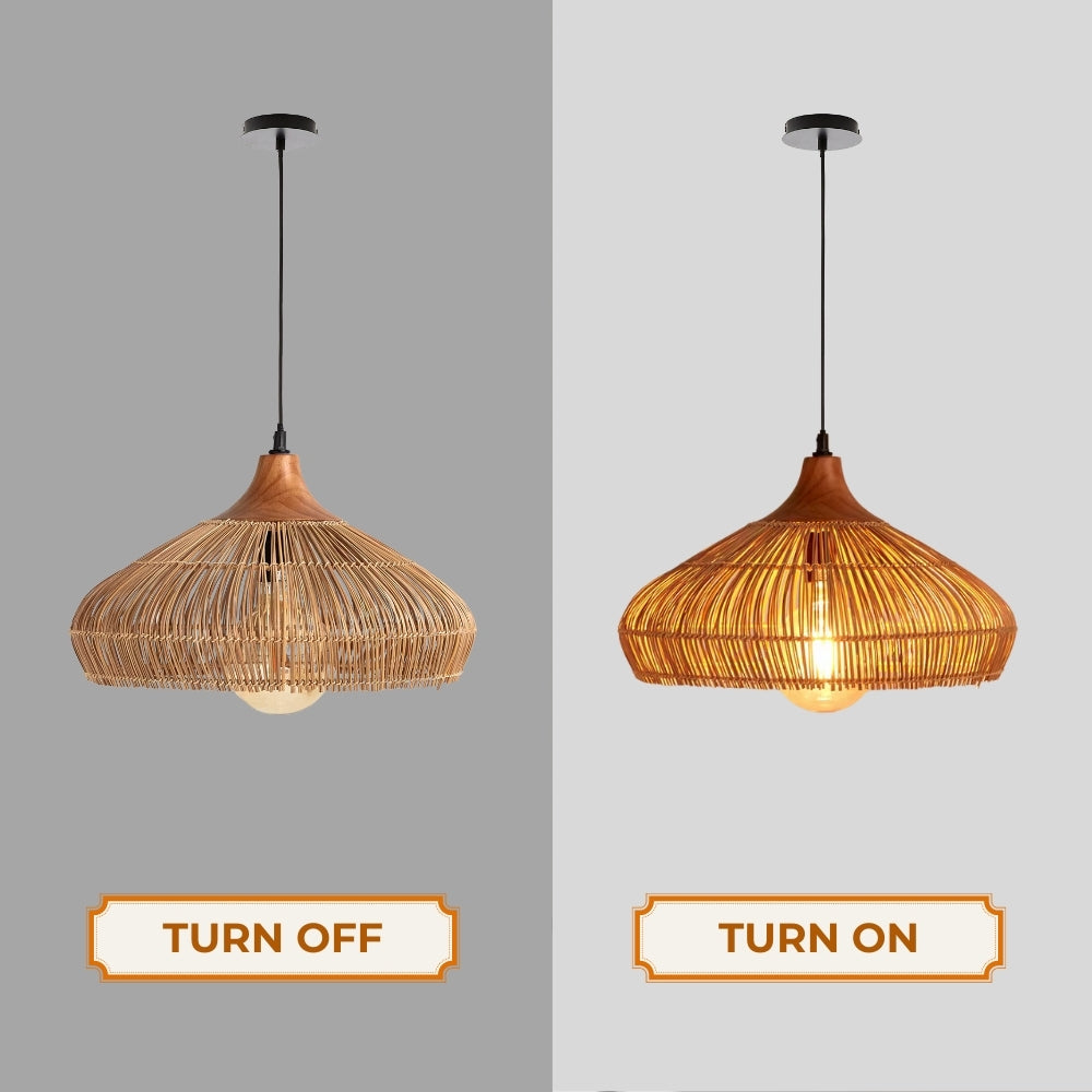 rattan dome pendant light when the light is on and off