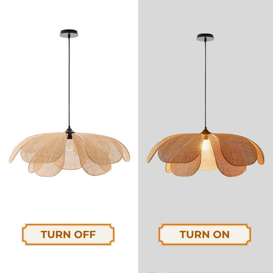 rattan flower pendant light when the light is on and off