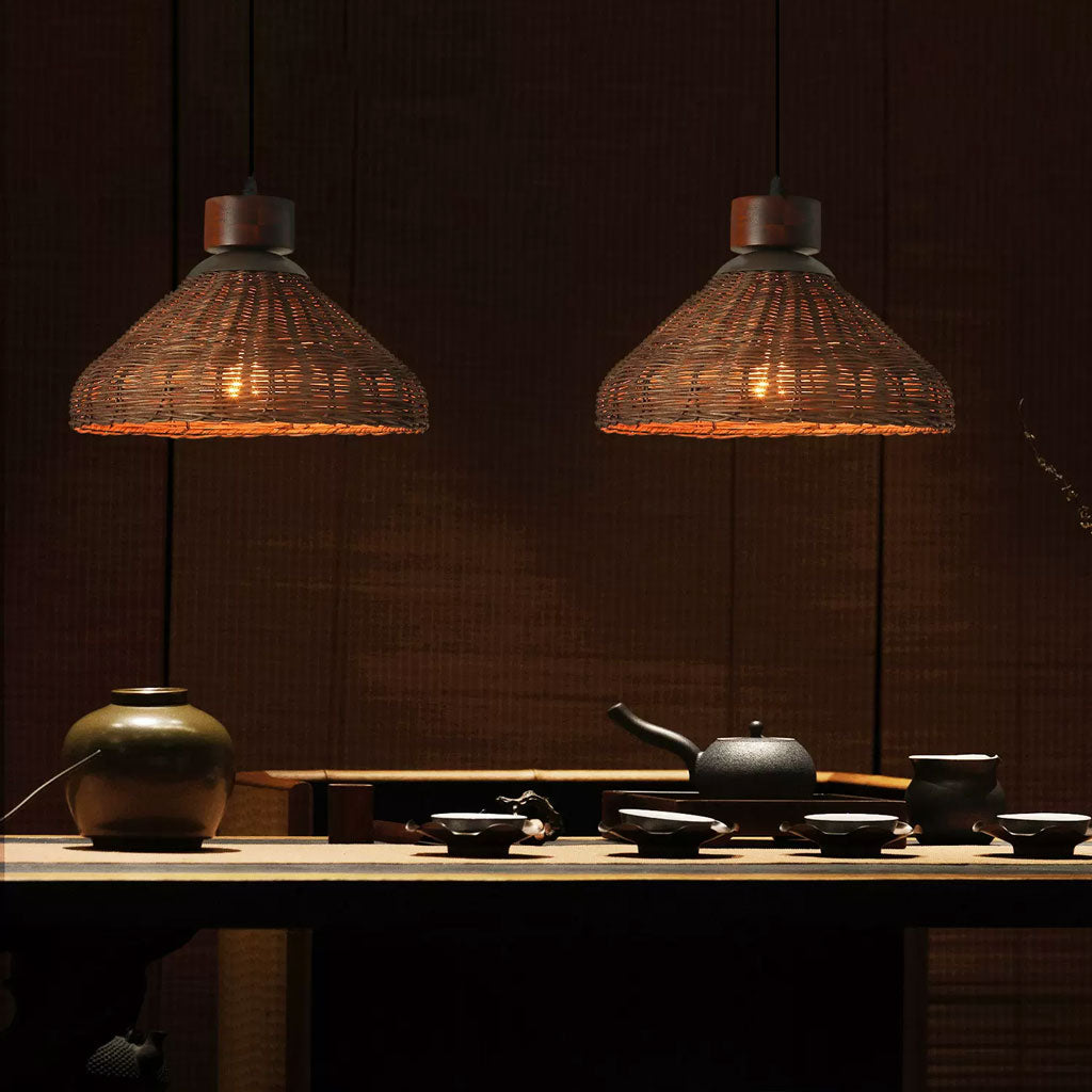 sago dark brown wicker pendant light on dining table