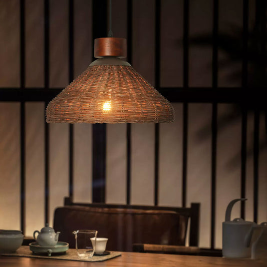 Hakka Conical Dark Brown Wicker Pendant Light