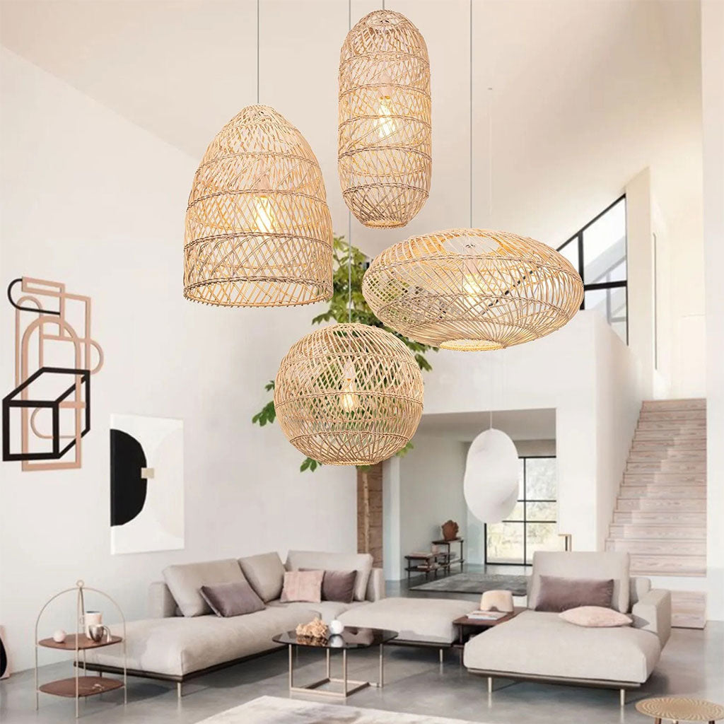 Set 4 Natural Rattan Chandelier Pendant Light Fixtures