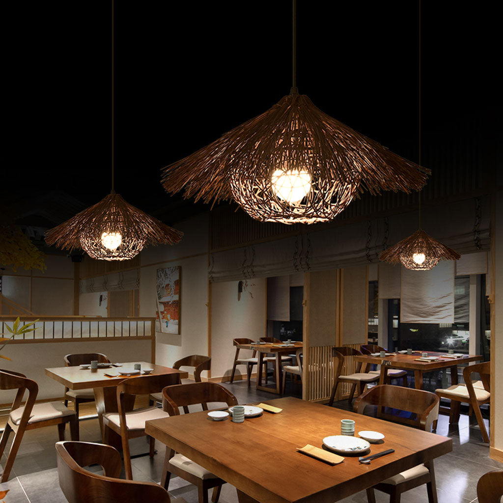 Begie Bohemian Straw Hat Pendant Light dining table