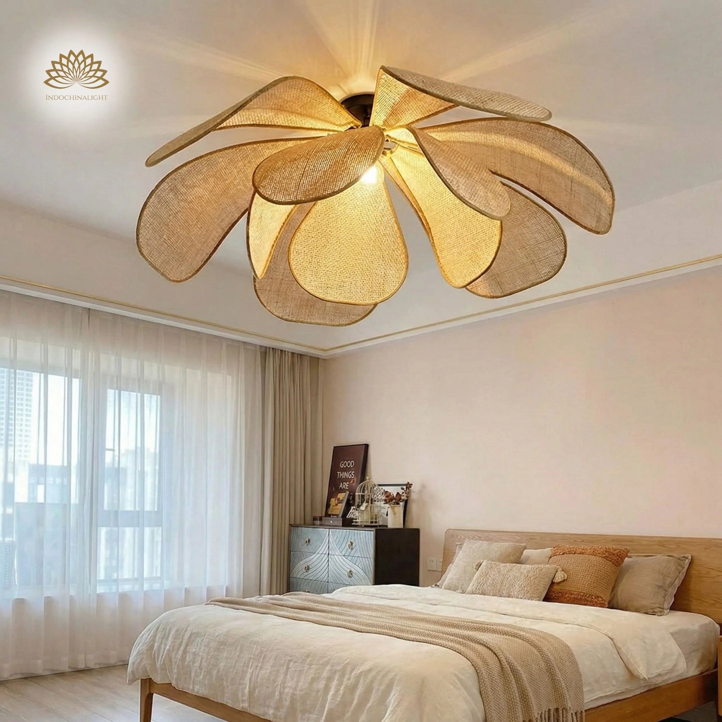 Cefalu extra large rattan flower ceiling light hanging in the bedroom