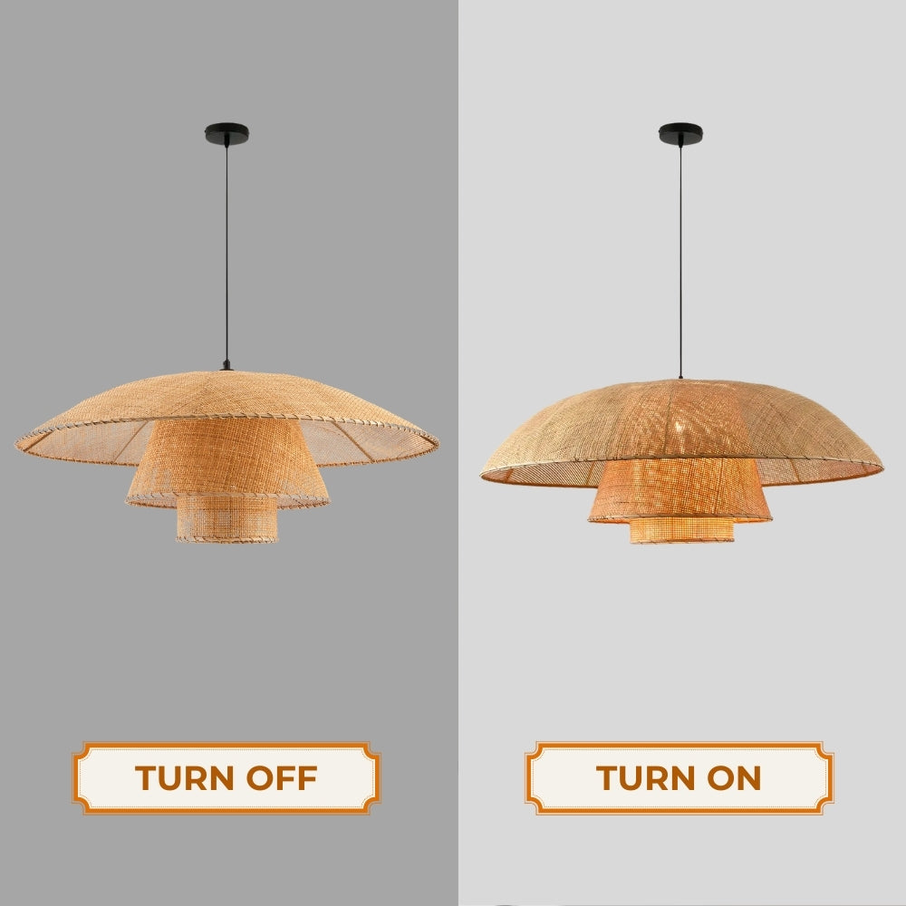 rattan wicker pendant light when the light is on and off