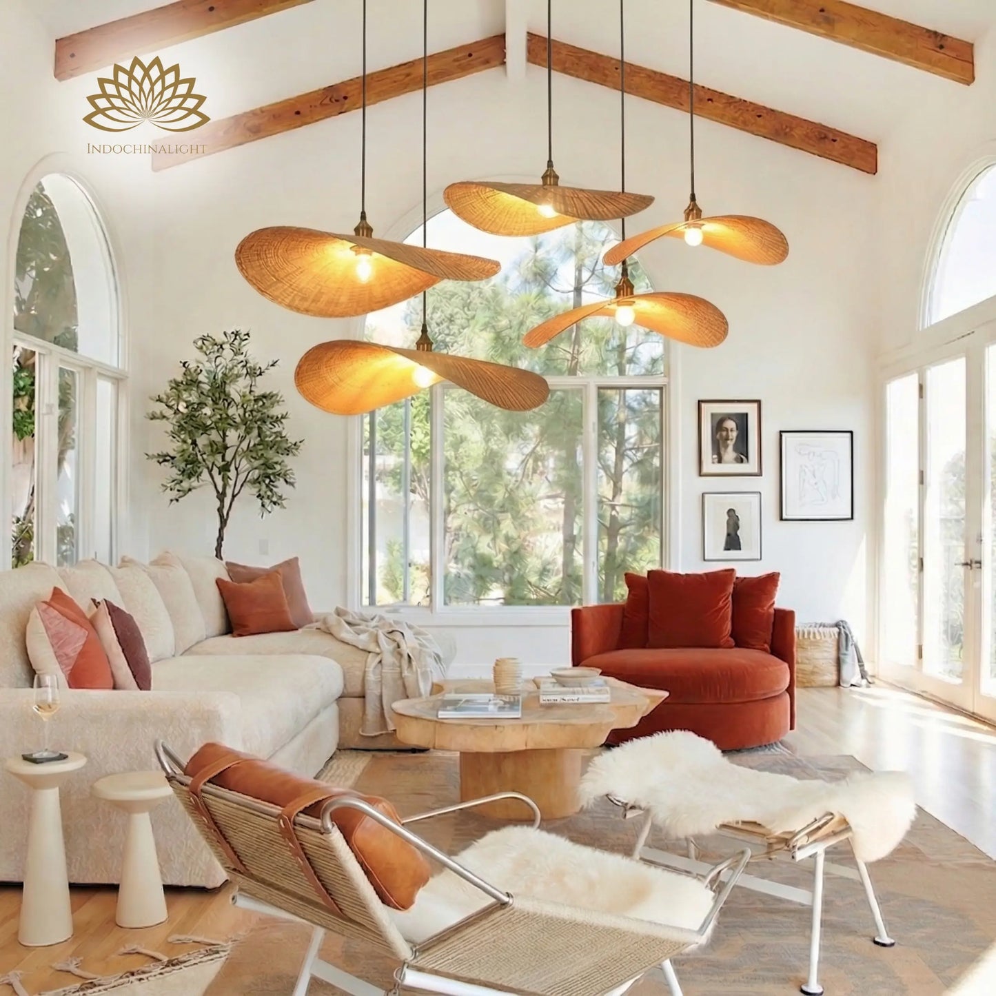 Ren Leaf Cluster Wicker Rattan Pendant Light in Boho Living Room