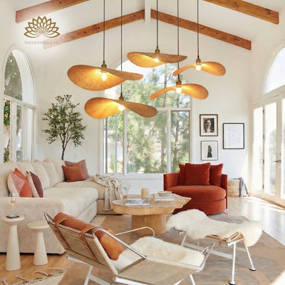Ren Leaf Cluster Wicker Rattan Pendant Light in Boho Living Room