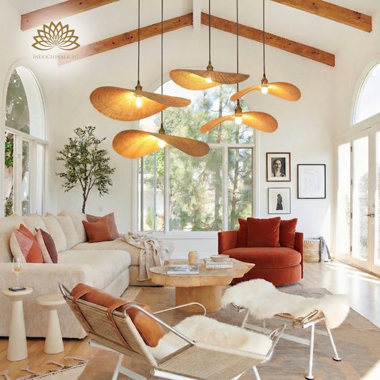 Ren Leaf Cluster Wicker Rattan Pendant Light in Boho Living Room