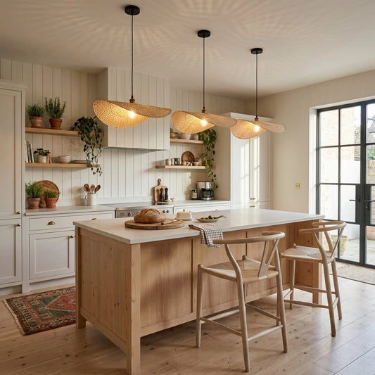 Ren Leaf Wabi Sabi Wicker Rattan Pendant Light in Boho Kitchen Island