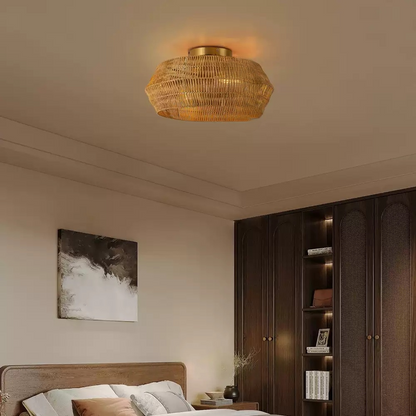 Rennnsan Boho Rattan Wicker Drum Ceiling Light over Bedroom