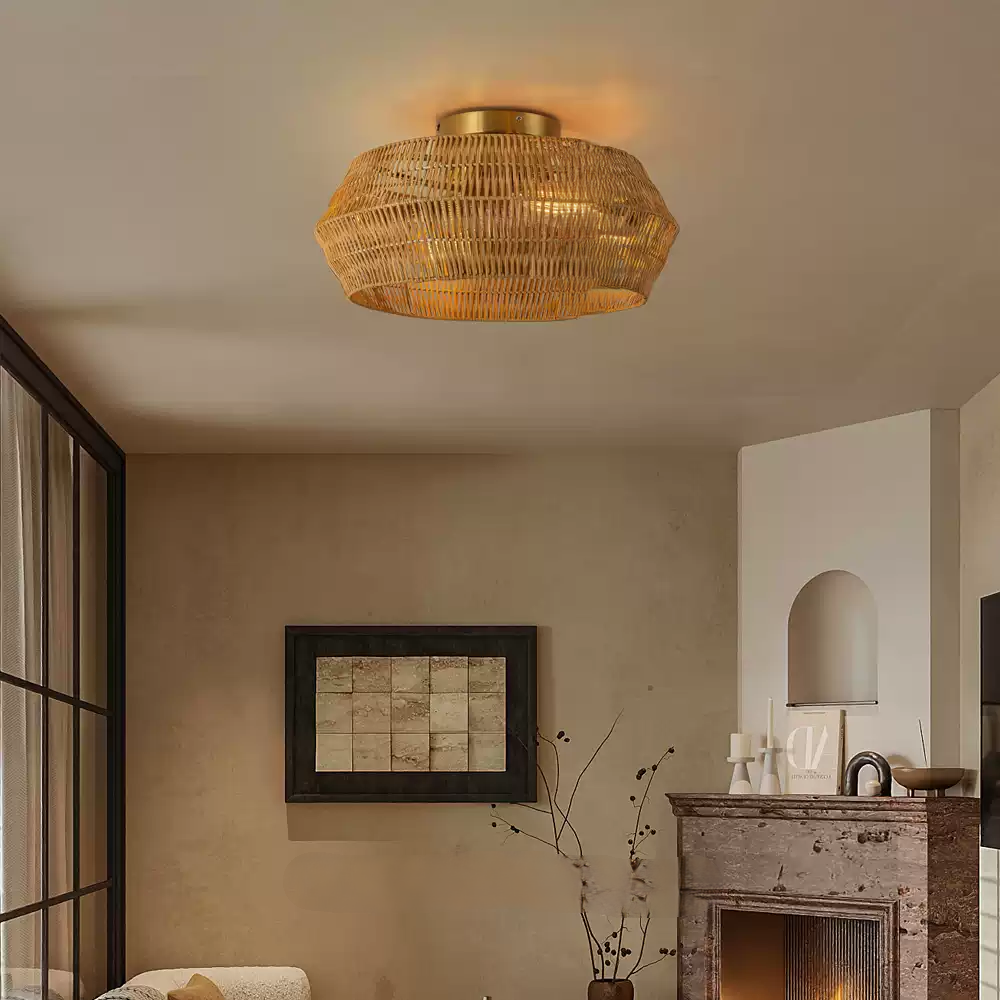 Rennnsan Boho Rattan Wicker Drum Light in Wabi Sabi room