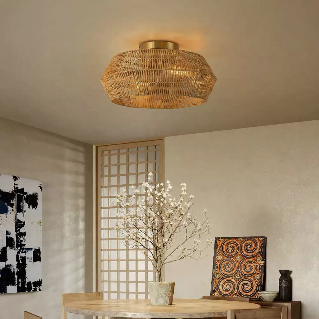 Rennnsan Boho Rattan Wicker Drum Light over Dining Table