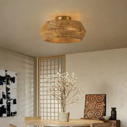 Rennnsan Boho Rattan Wicker Drum Light over Dining Table