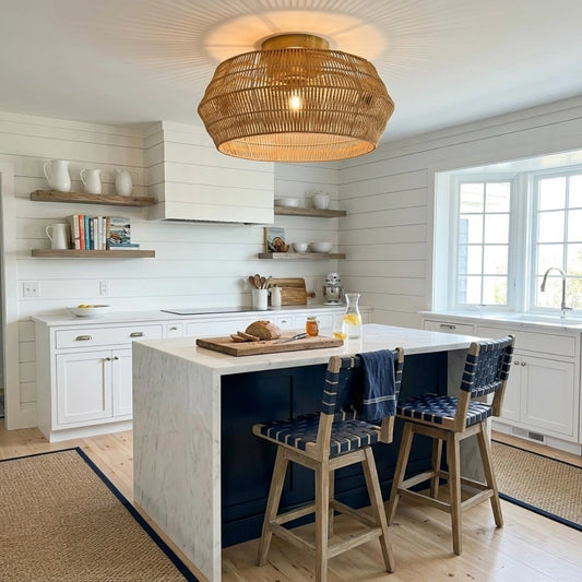 Rennnsan Boho Rattan Wicker Drum Light Semi Flush Mount in Coastal Kitchen Island