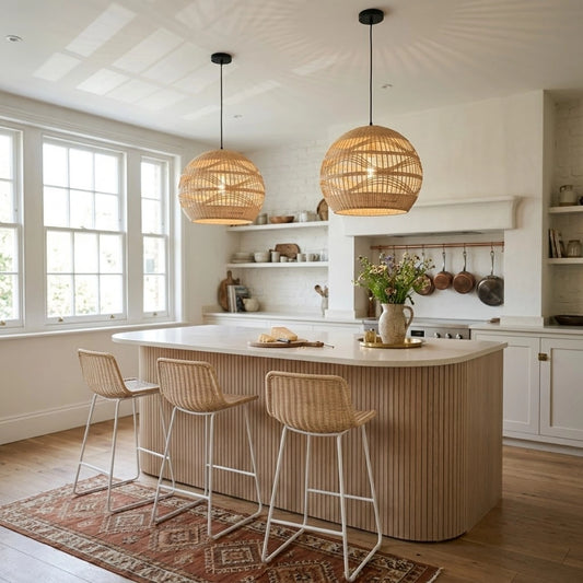Rita Globe Wicker Bamboo Rattan Pendant Light in Boho Kitchen Island
