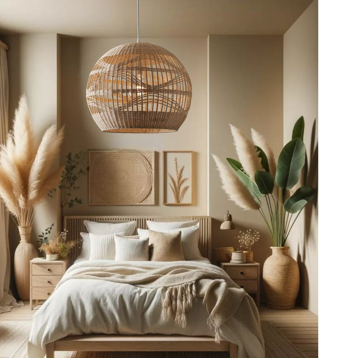 Rita Round Rattan Bamboo Pendant Light for Minimalist Japandi Bedroom