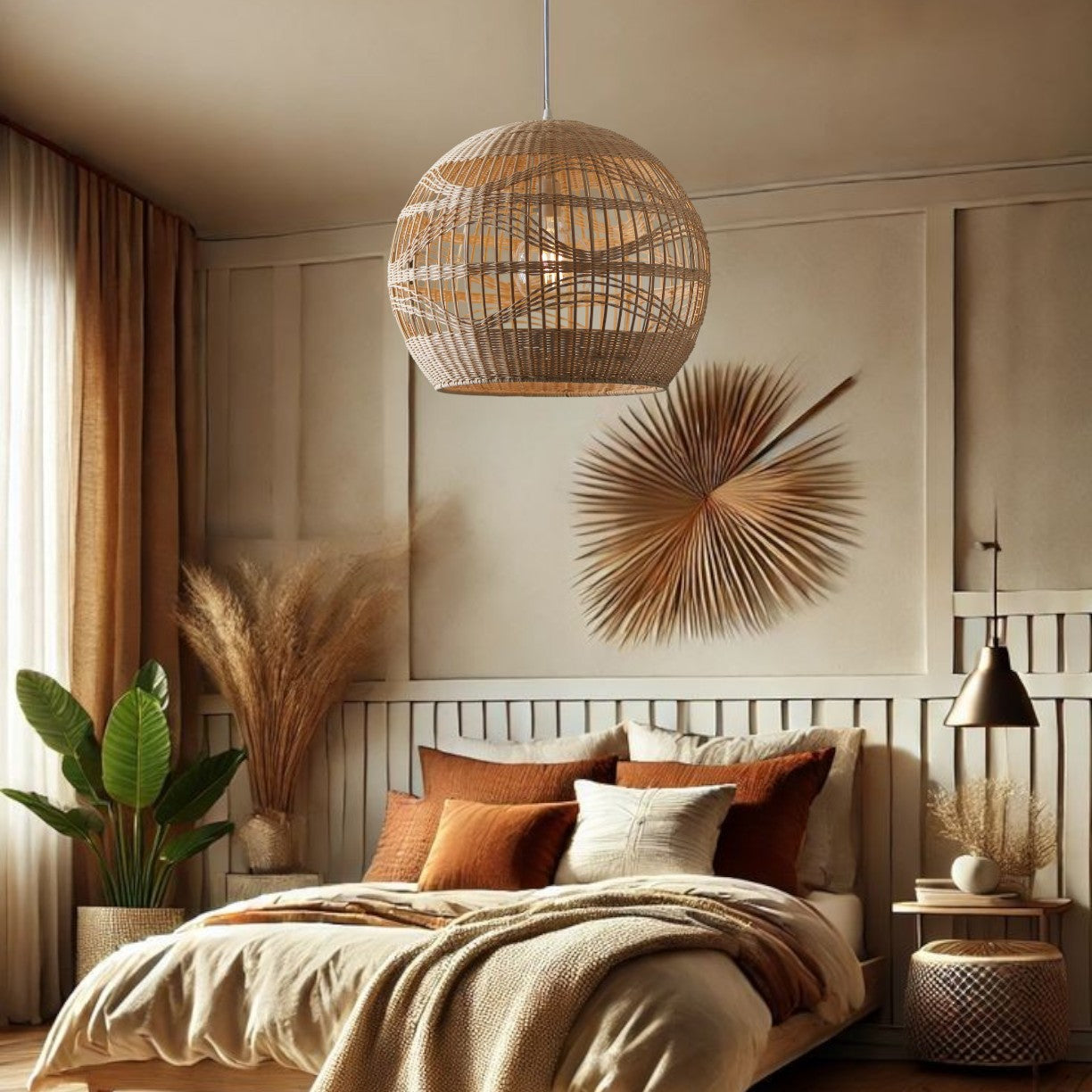 Rita Round Rattan Bamboo Pendant Light hangs in Bedroom