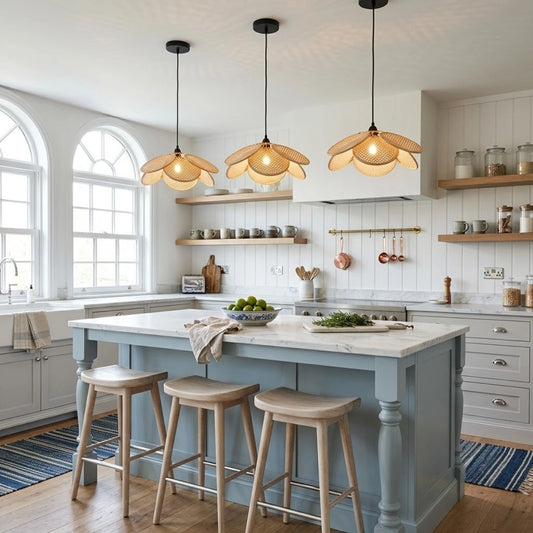Ritta French Country Rattan Pendant Light in Coastal Kitchen Island