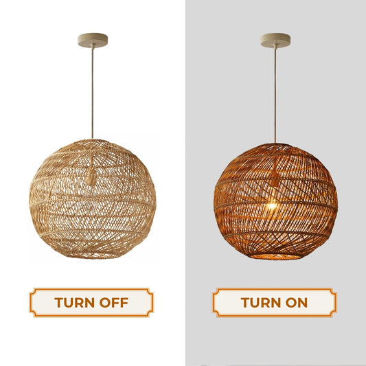 round rattan pendant light when th light is on and off