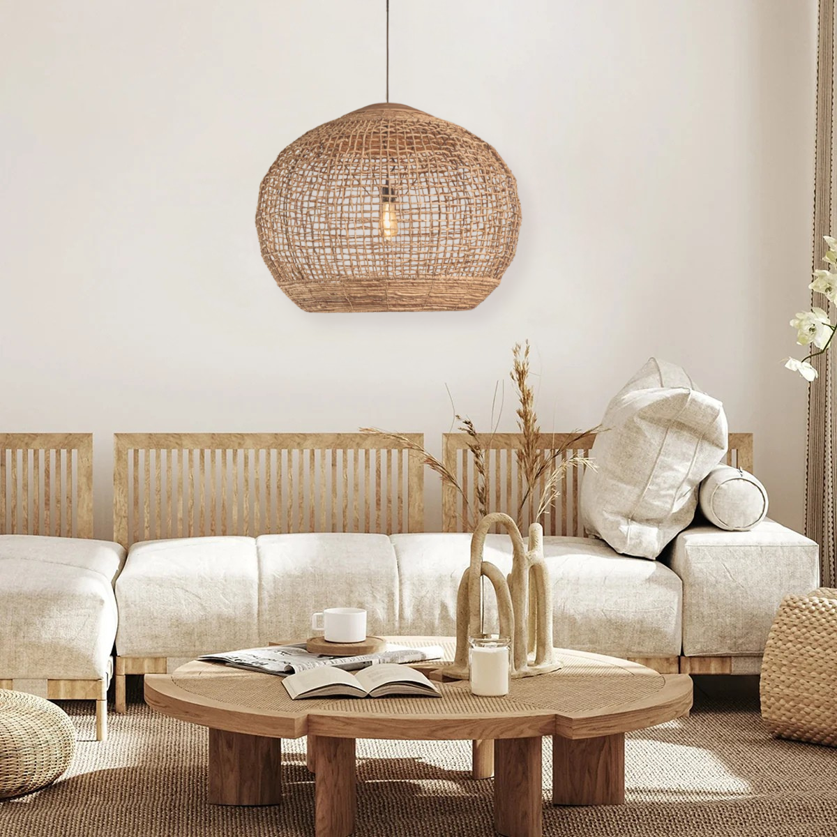 Rustic Globe Rattan Woven Pendant Light over Boho Living Room