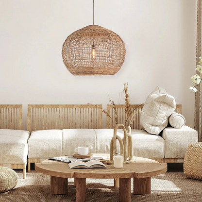 Rustic Globe Rattan Woven Pendant Light over Boho Living Room