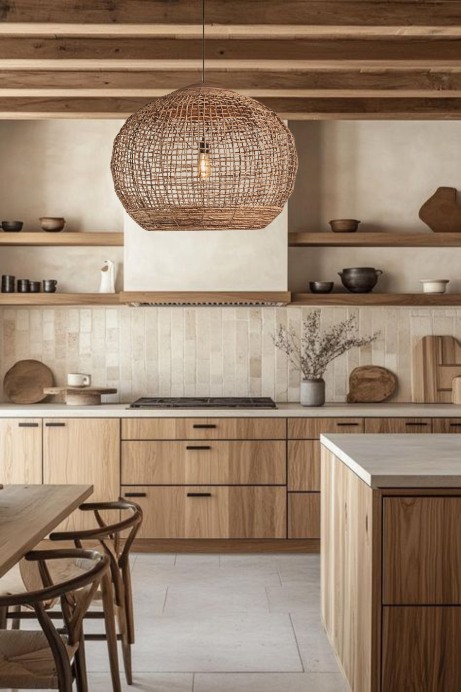 Rustic Globe Rattan Woven Pendant Light over Wooden Kitchen