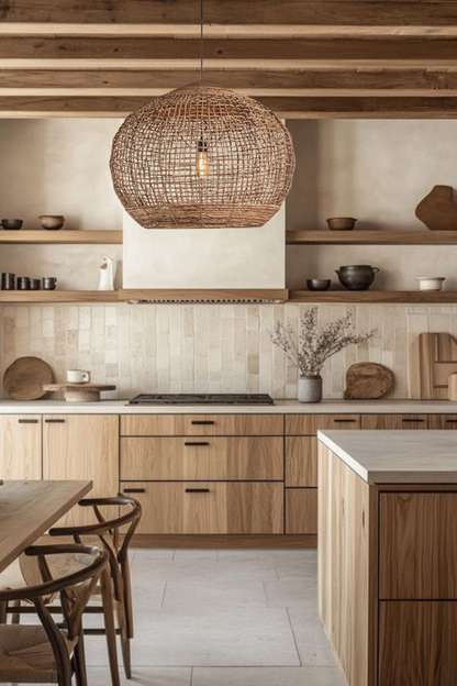 Rustic Globe Rattan Woven Pendant Light over Wooden Kitchen