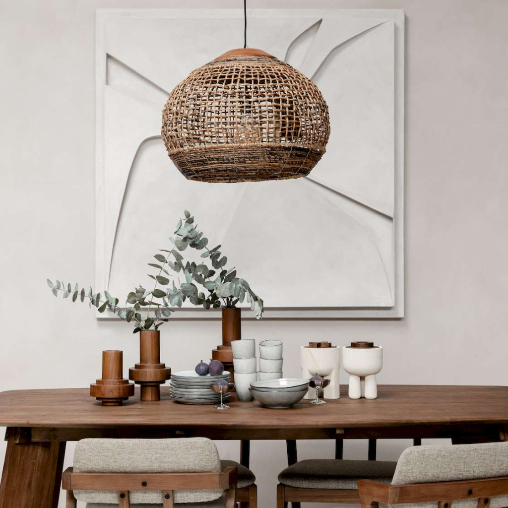Rustic Globe Rattan Woven Pendant Light over Wooden Table