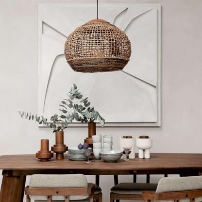 Rustic Globe Rattan Woven Pendant Light over Wooden Table