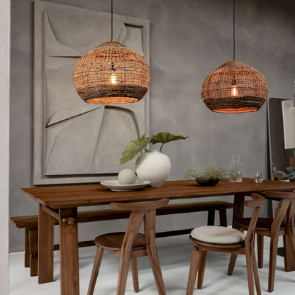 Rustic Globe Rattan Woven Pendant Light over Wooden Wabi Sabi Dining Room
