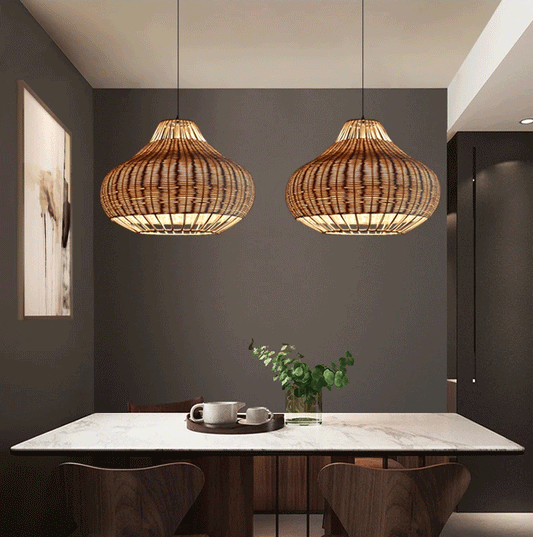 Rustic Pear Rattan Wicker Dome Pendant Light in Zen Dining Room
