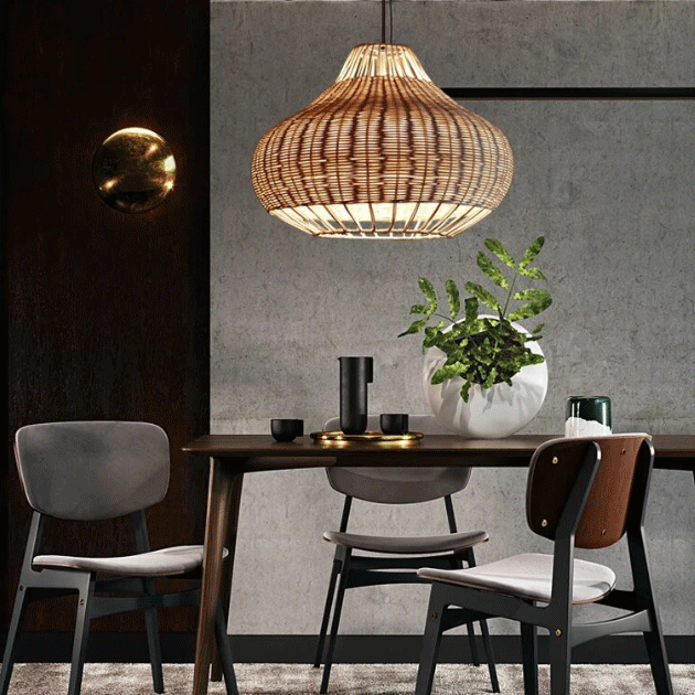 Rustic Pear Rattan Wicker Dome Pendant Light over Dining Table