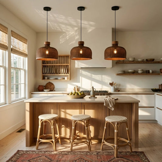 Sago Round Wicker Rattan Pendant Light in Boho Kitchen Island