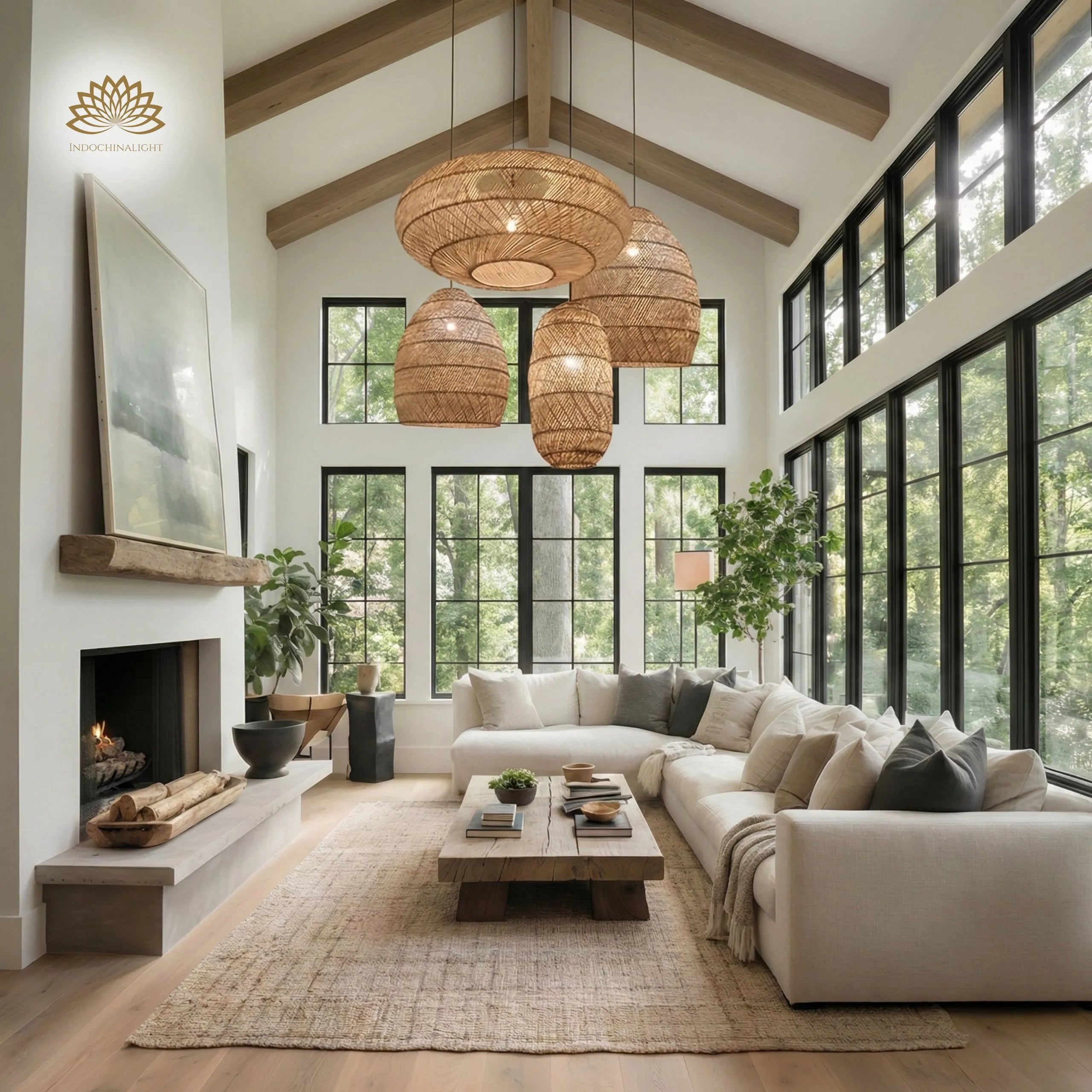 sakura rattan cluster pendant lights in modern living room