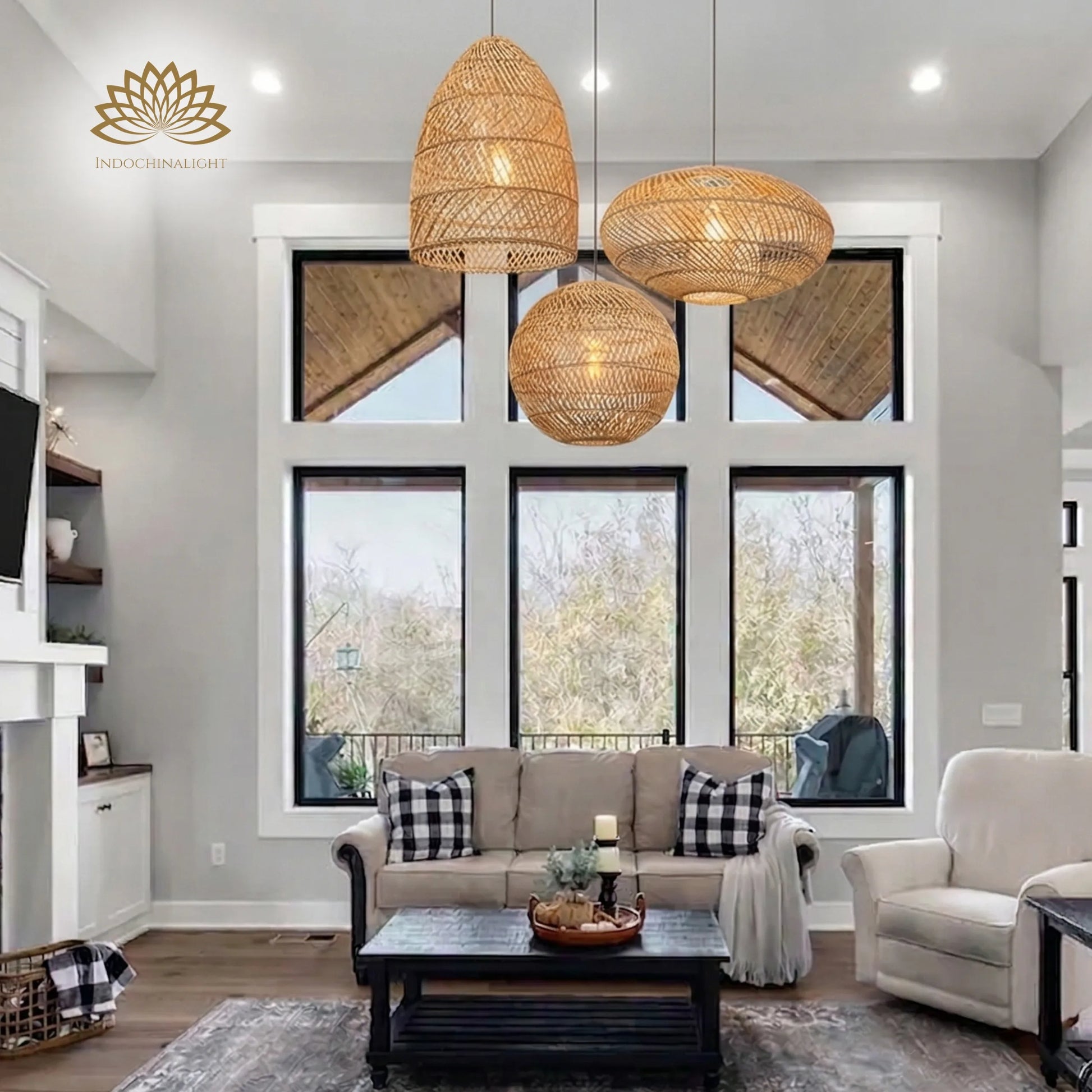 Sakura Rattan Pendant Light in Large Modern Farmhouse Living Room