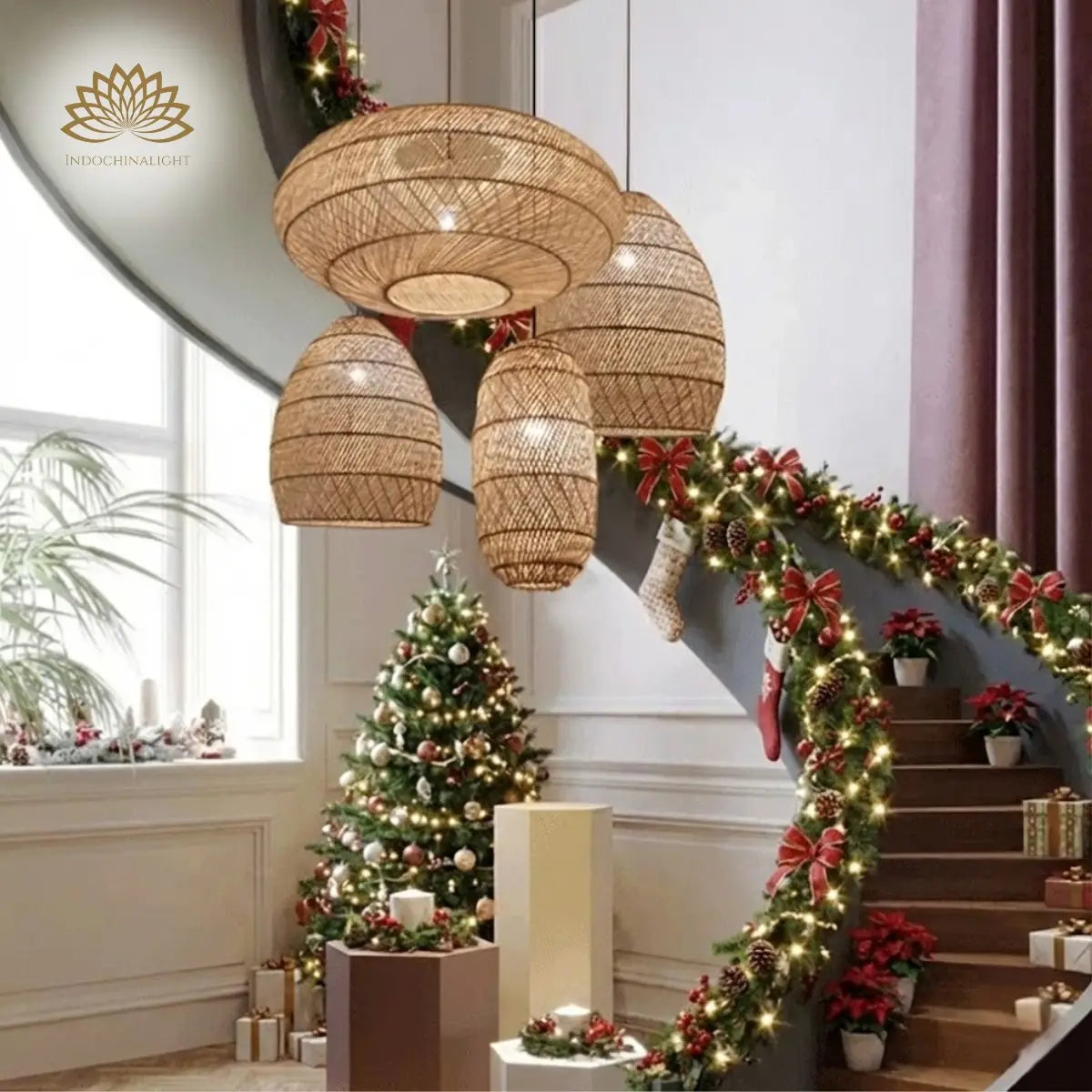 Sakura Woven Rattan Pendant Light For Christmas Stairway