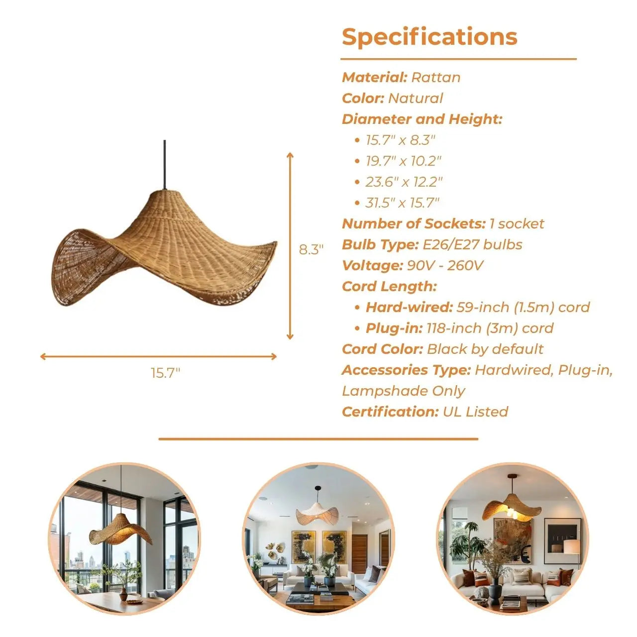 Selma Rattan Hat Pendant Light's specifications