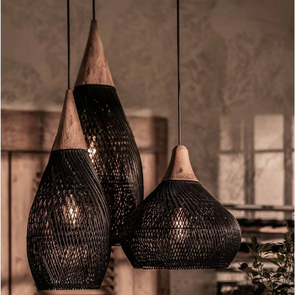 set 3 black wabi sabi rattan wood pendant light fixtures