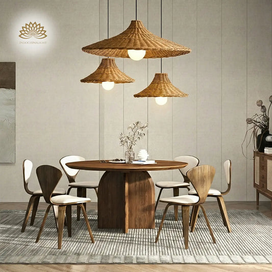 Set 3 Carmel Cone Wicker Rattan Pendant Lights for Wabi Sabi Dining Room