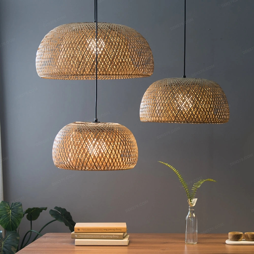 set 3 hand woven bamboo hat pendant light