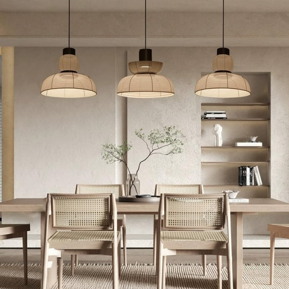 Set 3 Japanese wabi sabi fabric pendant light over dining table