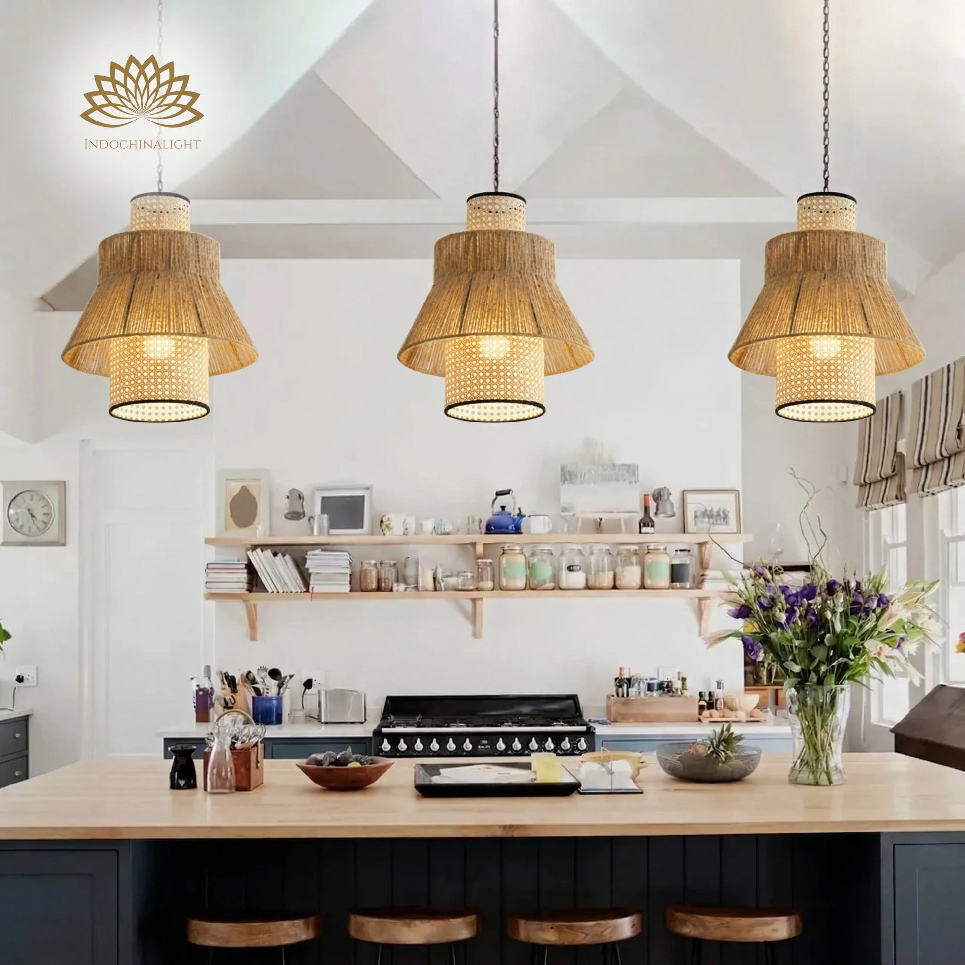 Set 3 of Laika Small Rattan Pendant Lights over Modern Farmhouse Kitchen Island