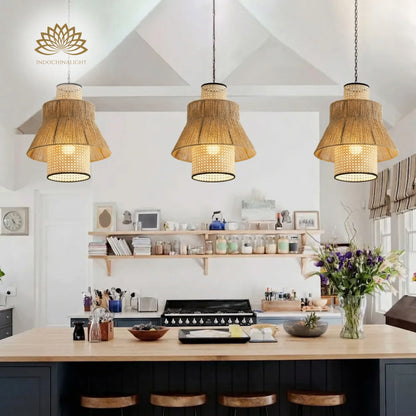 Set 3 of Laika Small Rattan Pendant Lights over Modern Farmhouse Kitchen Island