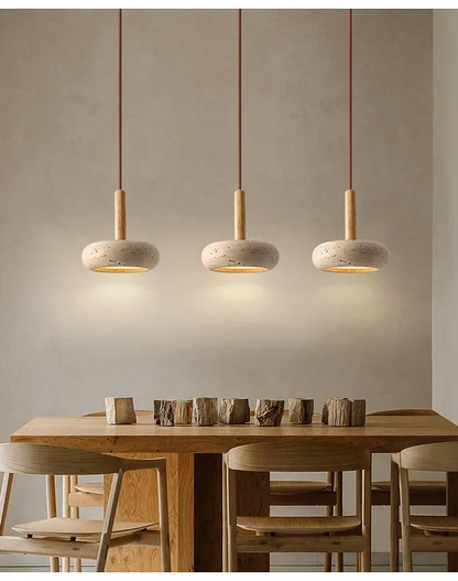 Set 3 Osho Round Travertine Stone Pendant Lights Hang over Wabi Sabi Dining room