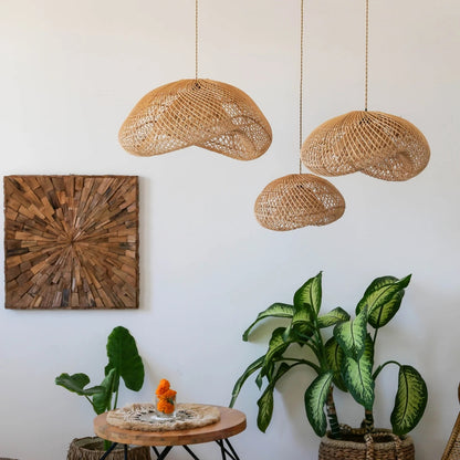 set 3 rattan wave pendant light for living space