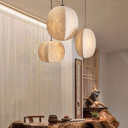 set 3 wabi sabi fabric lantern pendant light in meditation area