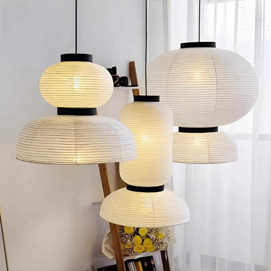 set 3 wabi sabi rice paper hourglass pendant light in living space