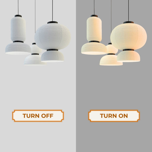 set 3 wabi sabi rice paper hourglass pendant light when the light on and off