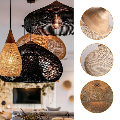 set 4 wabi sabi rattan wood pendant light fixtures detail