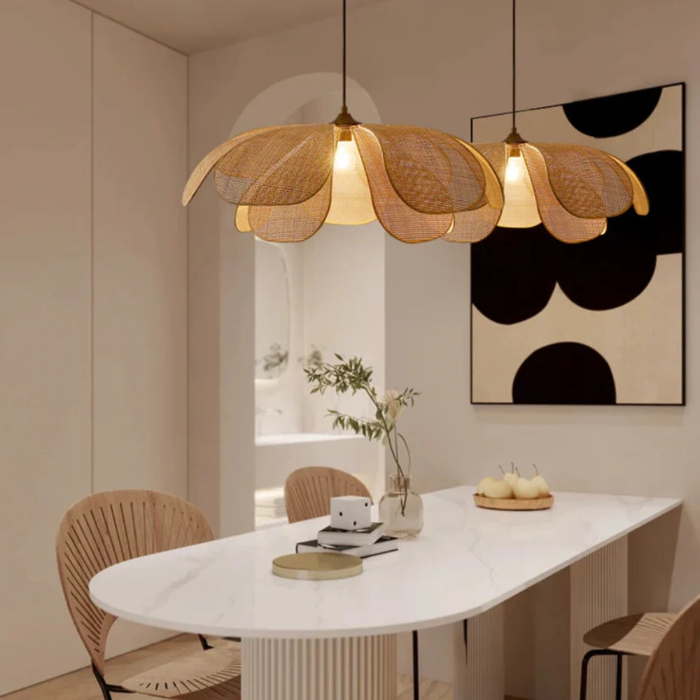 Set of 2 Cefalu rattan petal pendant lights for Japandi Boho Dining Room